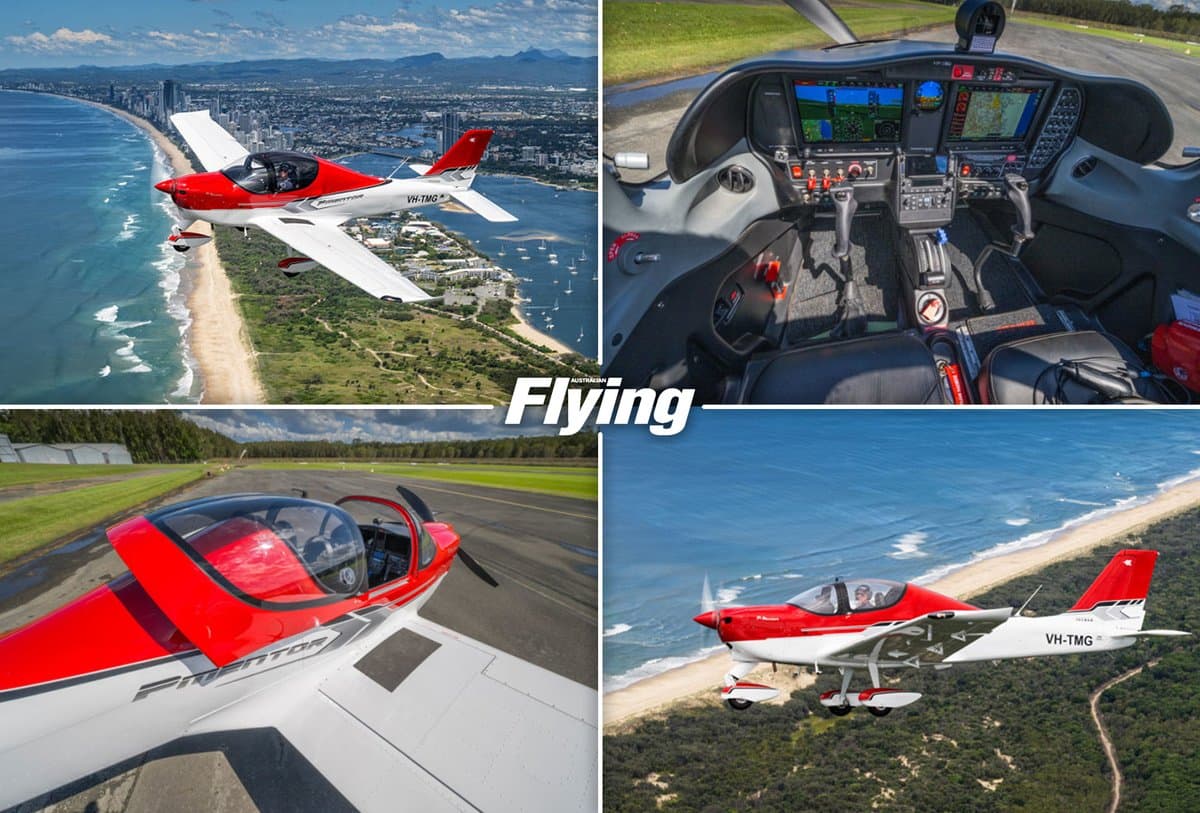 Red and white Tecnam P-Mentor trainers flying over the coast, as featured in Australian Flying magazine